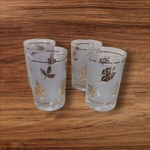 Libbey Vintage Gold Leaf Juice Glasses Set Of 4 Frosted Leaf Design Retro 4"